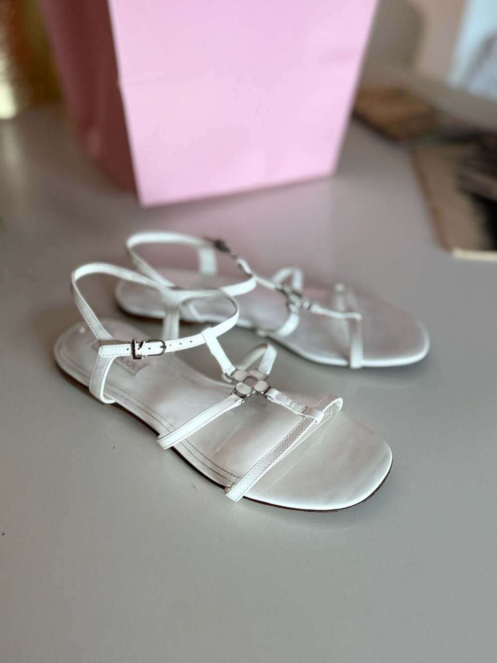 Larroude Hana Strappy Flat Sandals in White Patent Leather